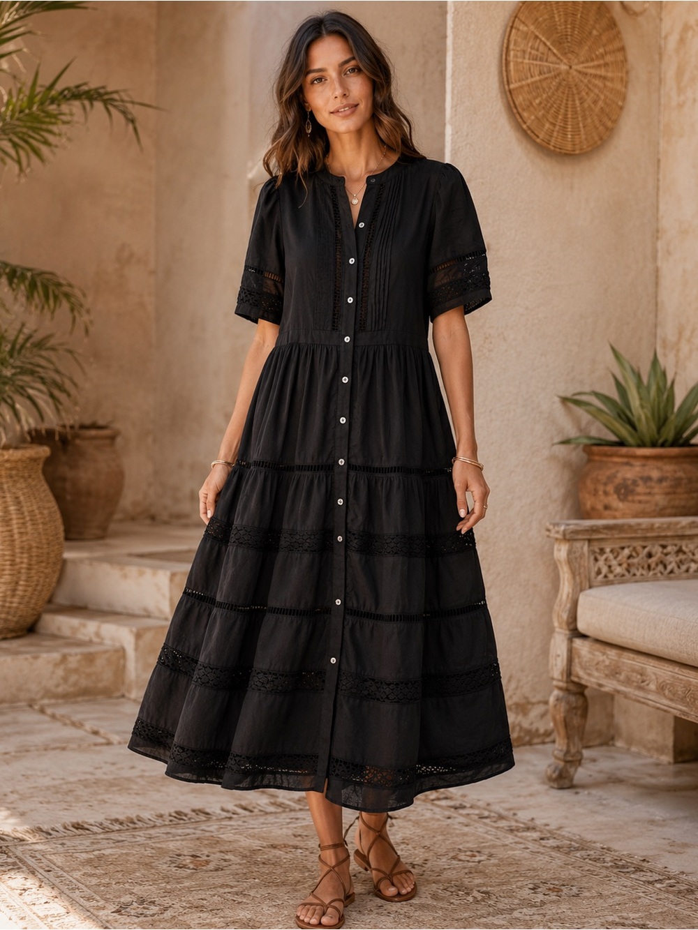 Gap Black Boho Cotton Midi Button Shirt Dress